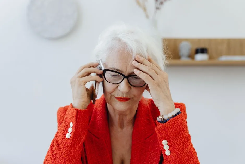 Illustrative photo of an older adult looking concerned while on a phone call, representative of a common government-impersonation scam target